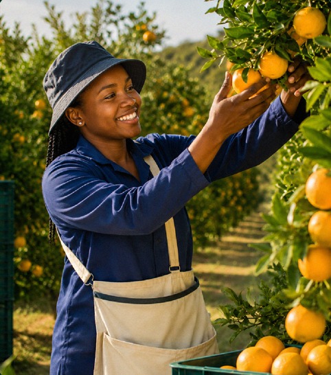 South African farm worker picking oranges